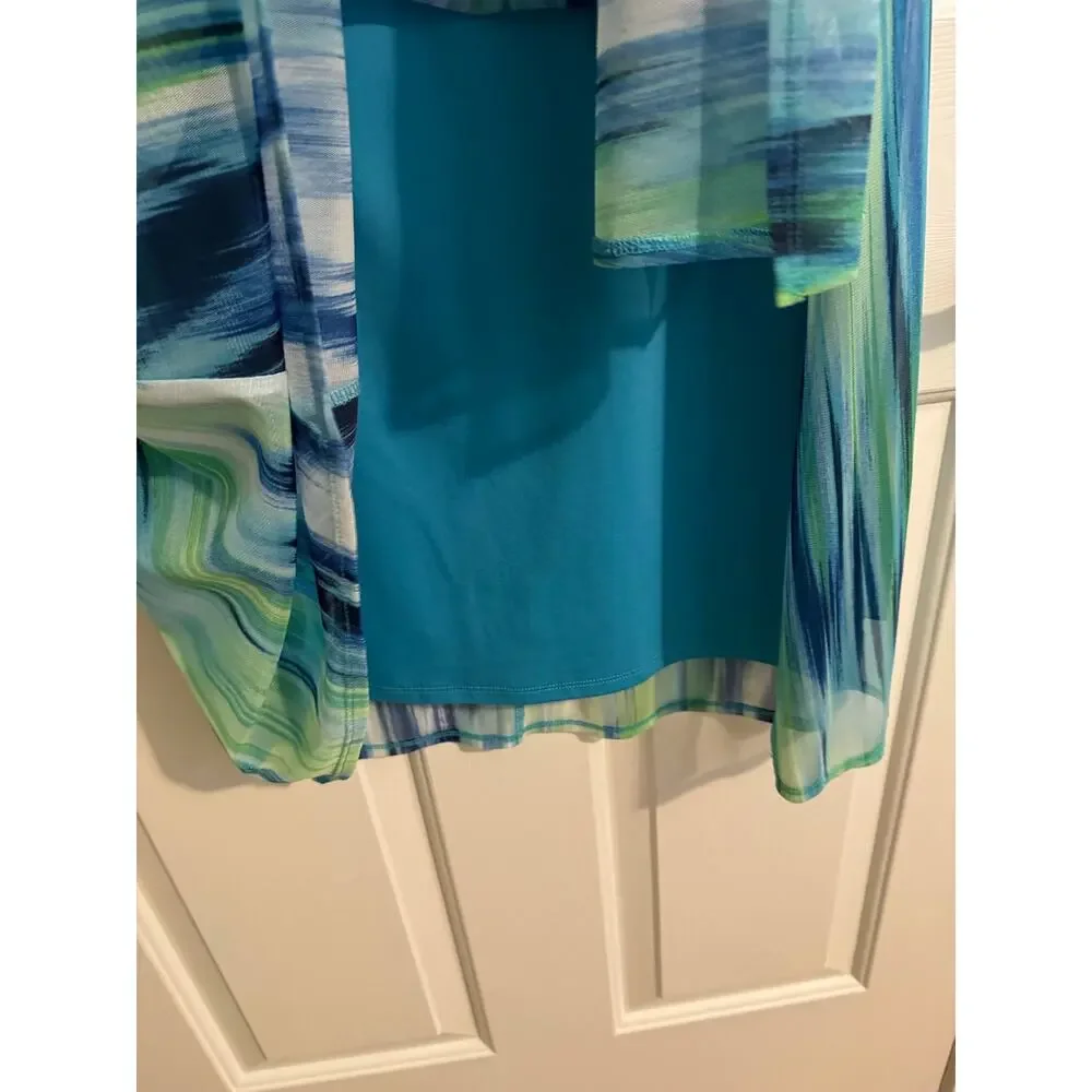Chico's Watercolor Print Maria lined mesh Maxi Skirt Blue Green Size Small